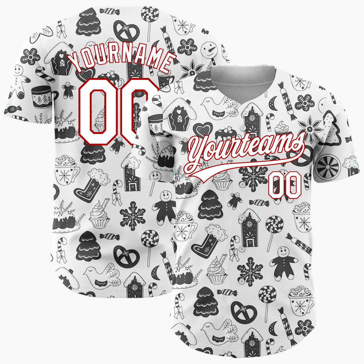 Custom White Black Holiday Treats Icons Doodle Pattern Christmas Baseball Jersey