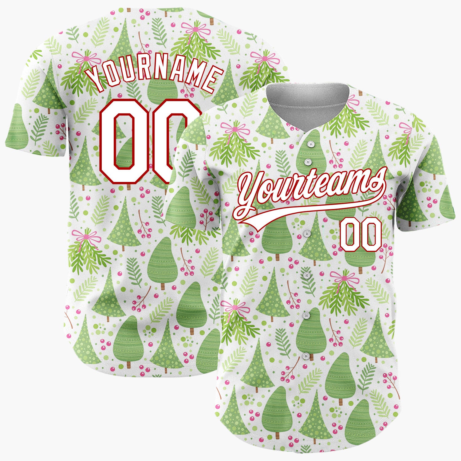 Custom White Christmas Tree And Foliage Cute Illustration Pattern Christmas Baseball Jersey
