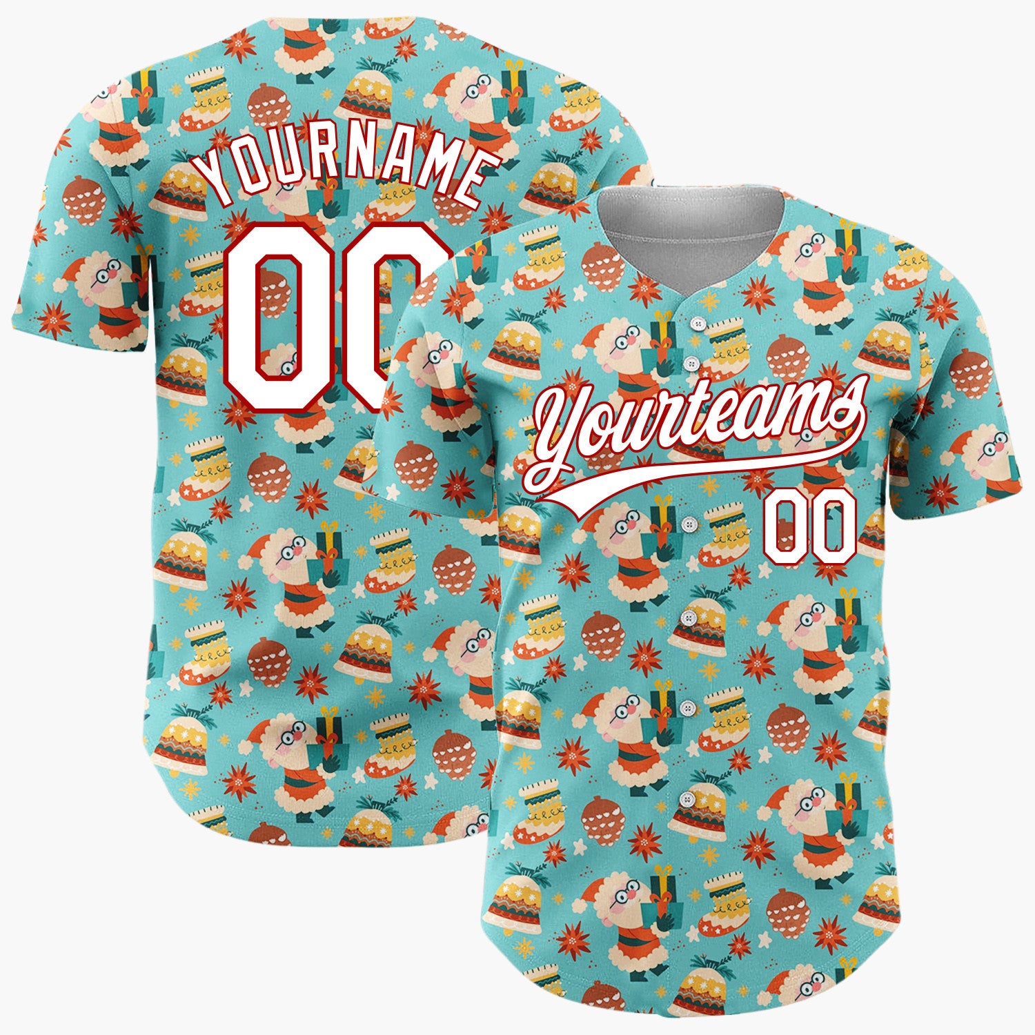 Custom Teal Reindeer Santa Cozy Cartoon Pattern Christmas Baseball Jersey