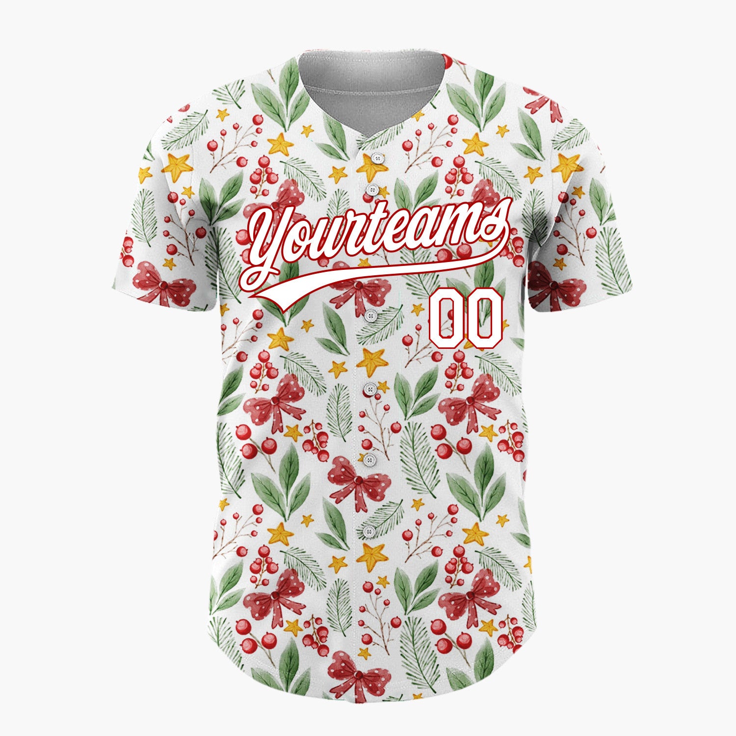 Custom White Red Green Berries Bows And Stars Watercolor Botanical Pattern Christmas Baseball Jersey