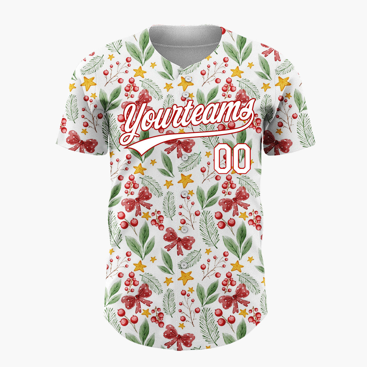 Custom White Red Green Berries Bows And Stars Watercolor Botanical Pattern Christmas Baseball Jersey