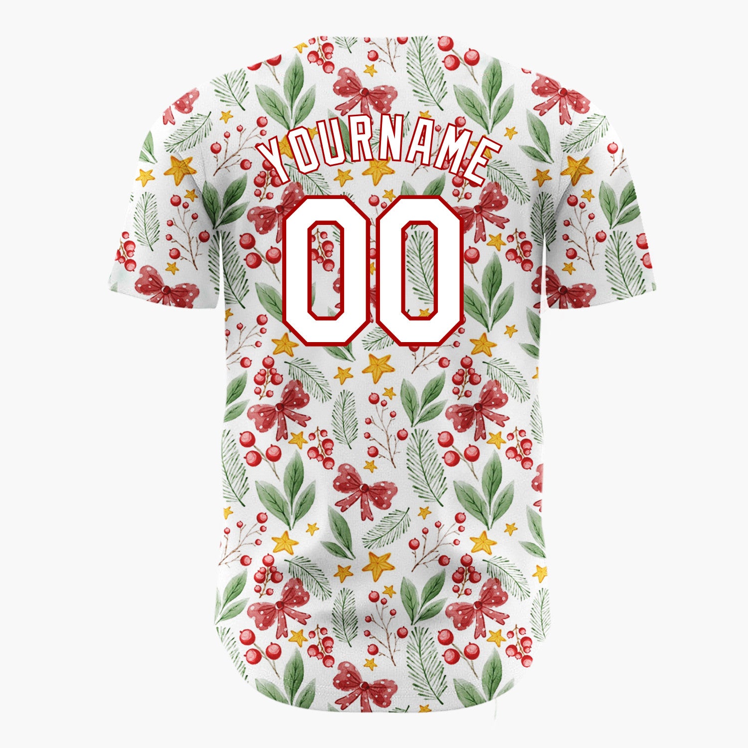 Custom White Red Green Berries Bows And Stars Watercolor Botanical Pattern Christmas Baseball Jersey