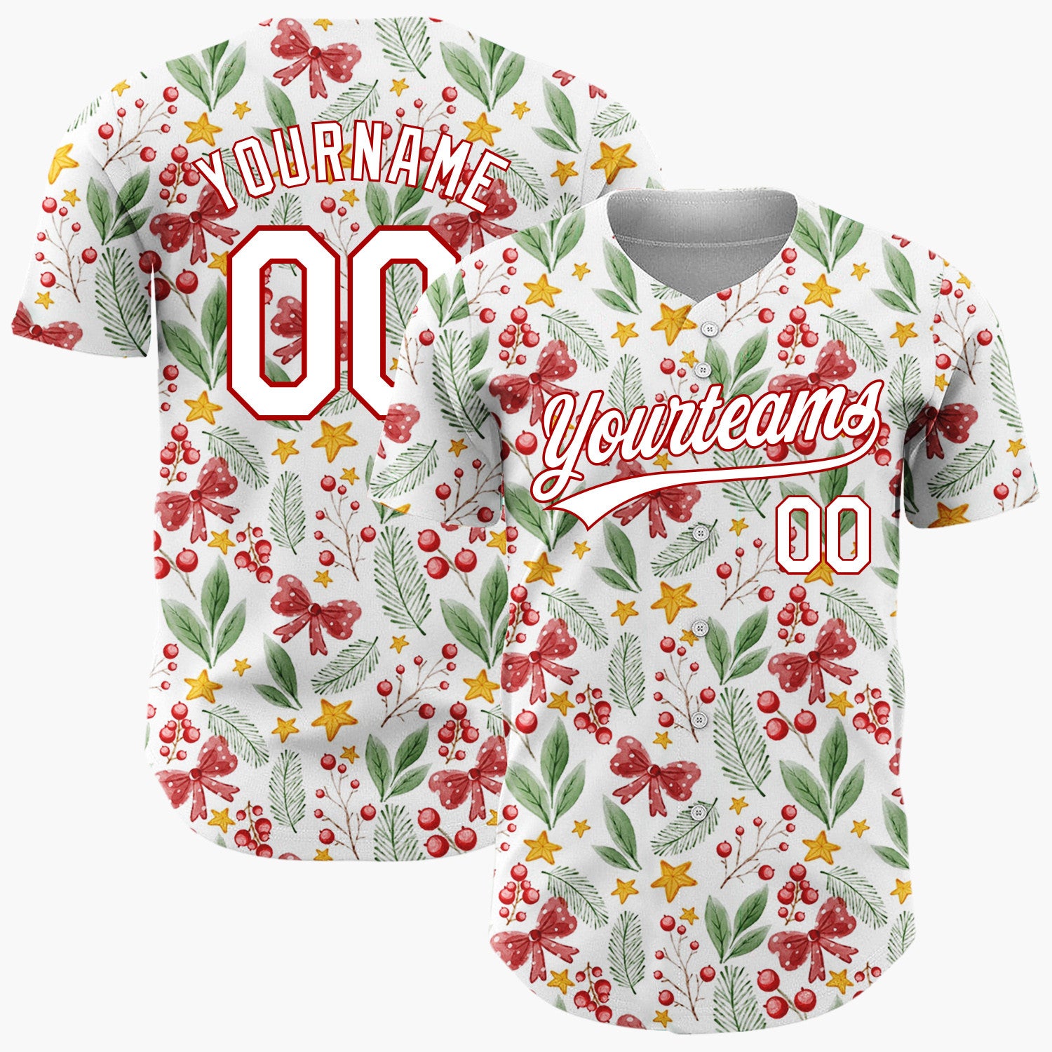 Custom White Red Green Berries Bows And Stars Watercolor Botanical Pattern Christmas Baseball Jersey