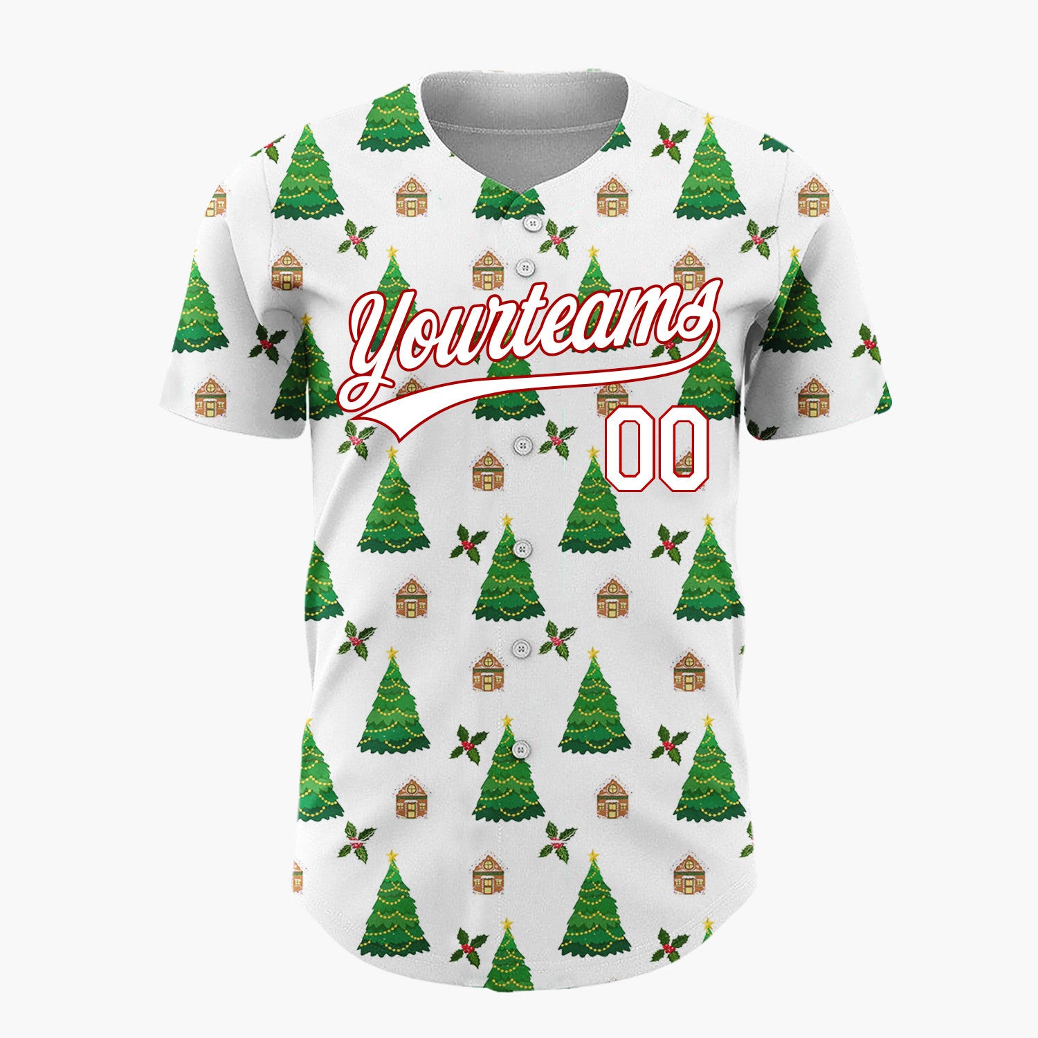 Custom White Christmas Tree And Cottage Festive Pattern Christmas Baseball Jersey