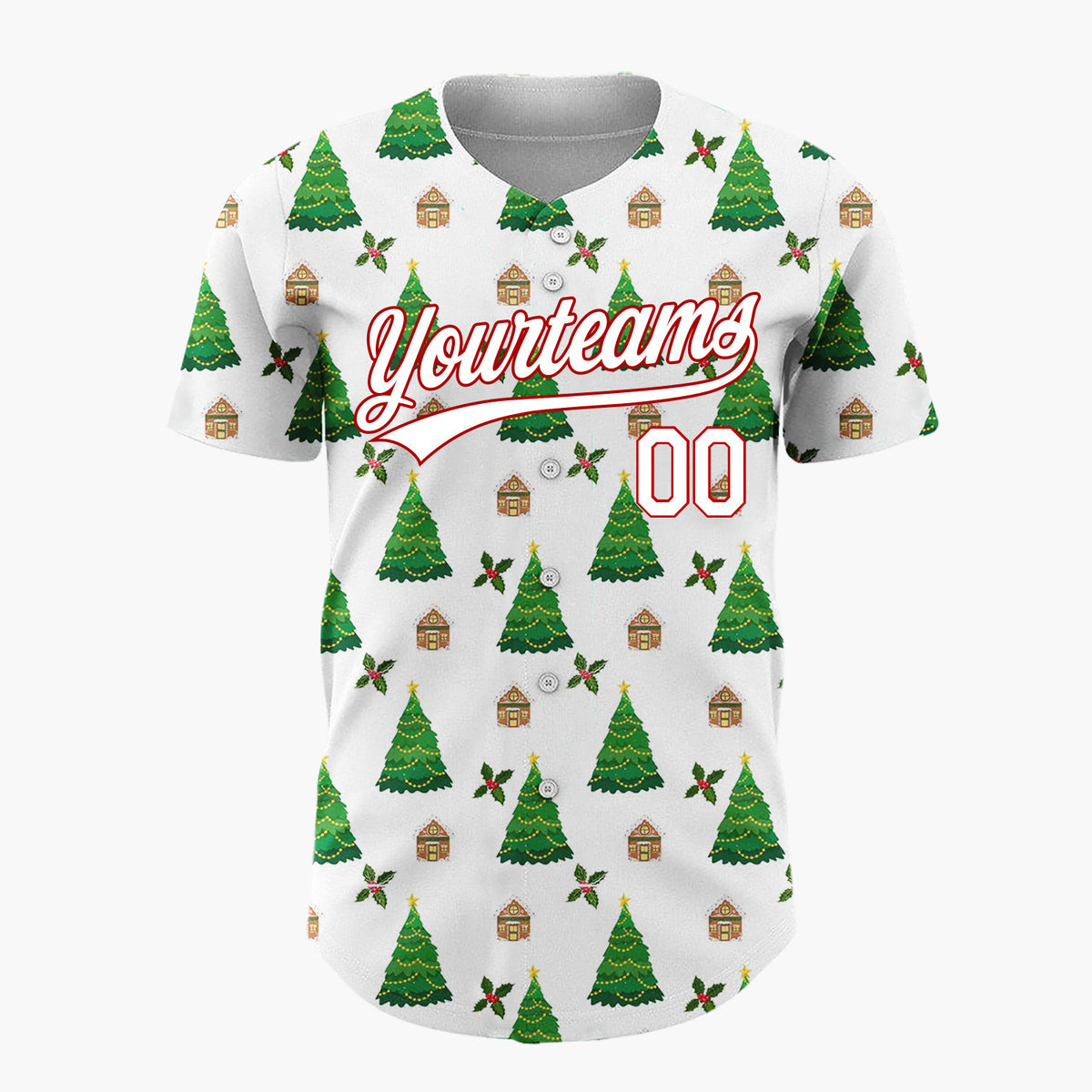 Custom White Christmas Tree And Cottage Festive Pattern Christmas Baseball Jersey