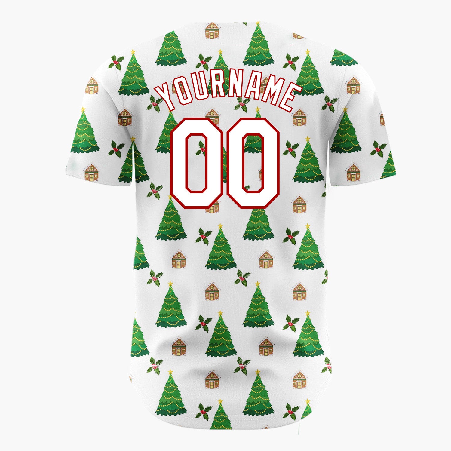 Custom White Christmas Tree And Cottage Festive Pattern Christmas Baseball Jersey