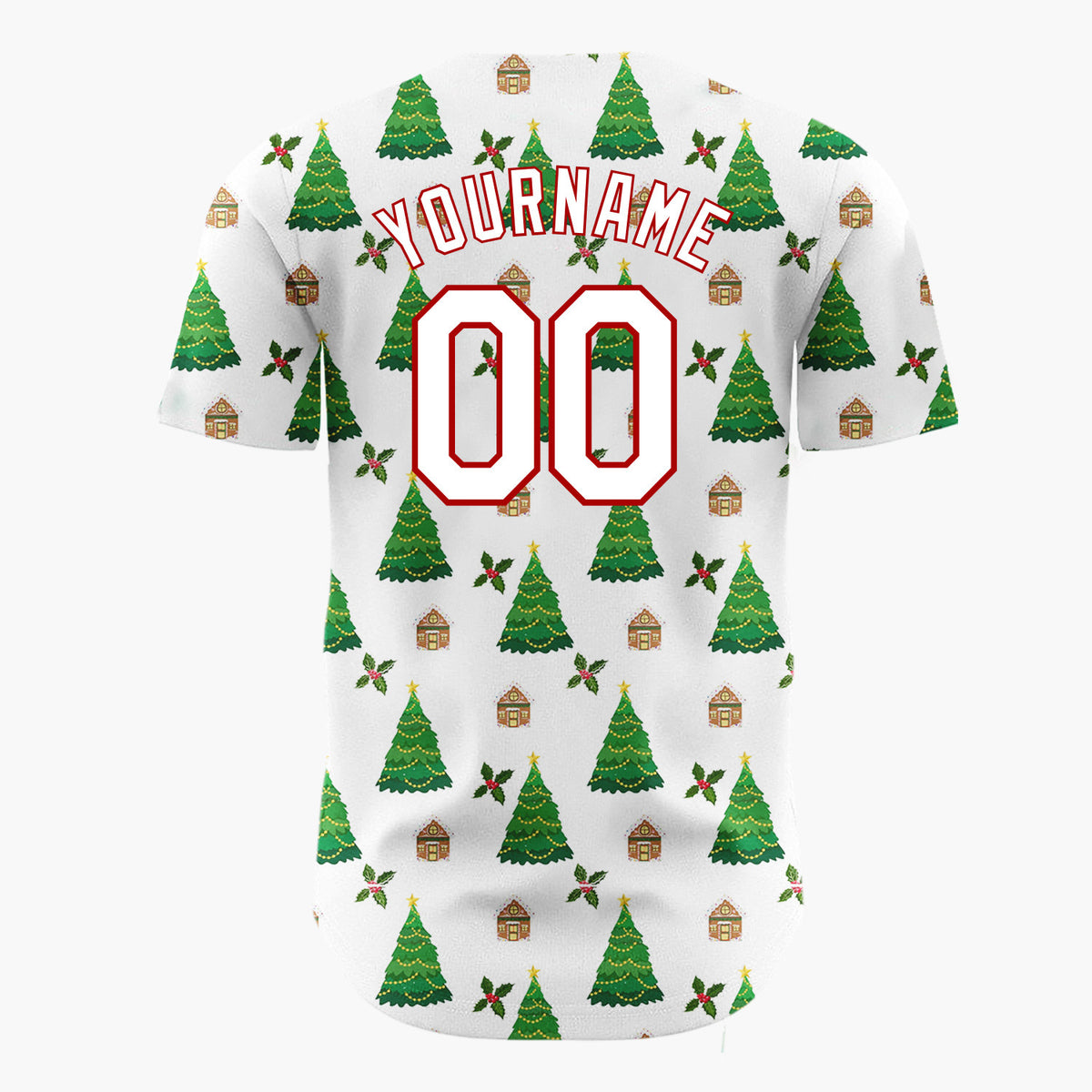 Custom White Christmas Tree And Cottage Festive Pattern Christmas Baseball Jersey