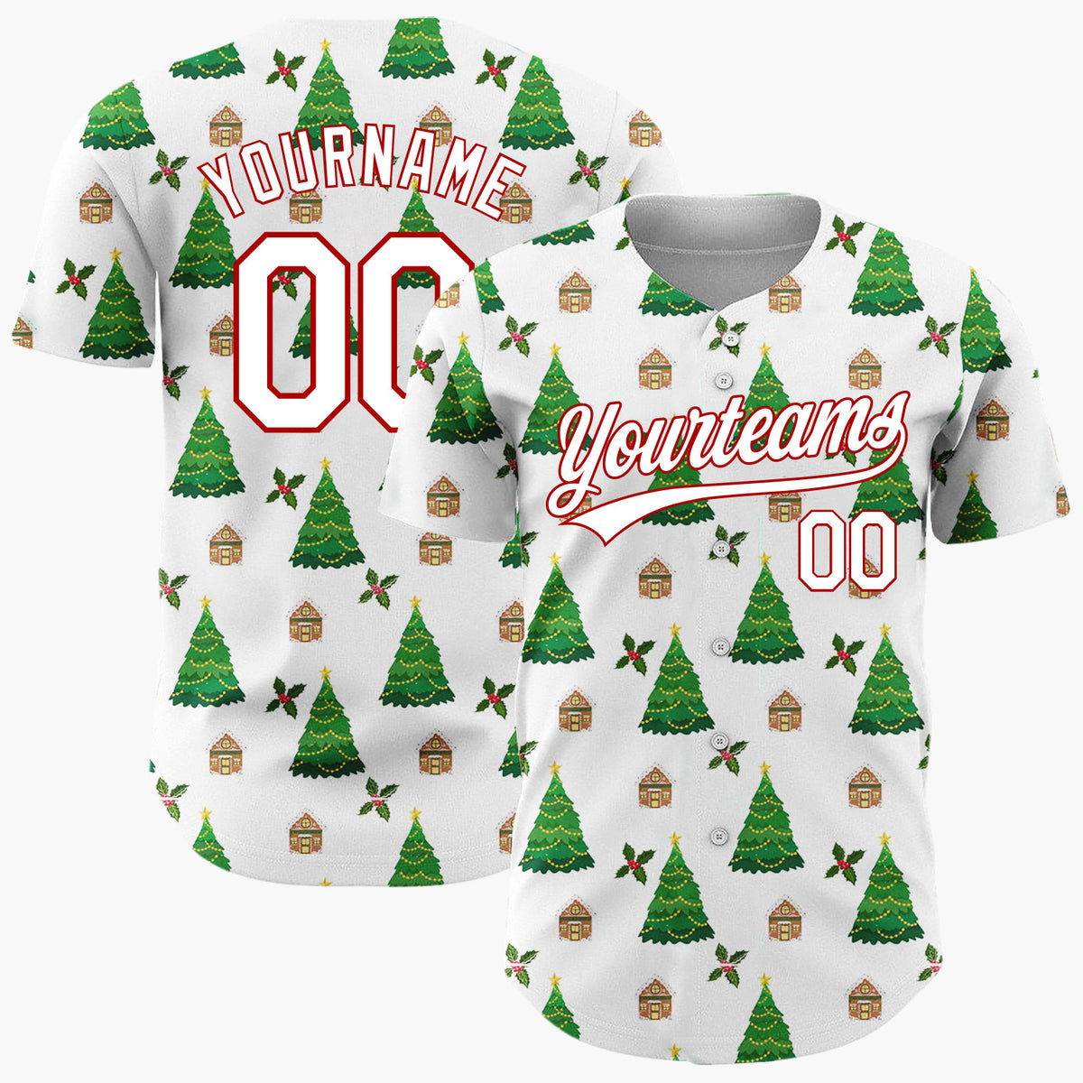 Custom White Christmas Tree And Cottage Festive Pattern Christmas Baseball Jersey