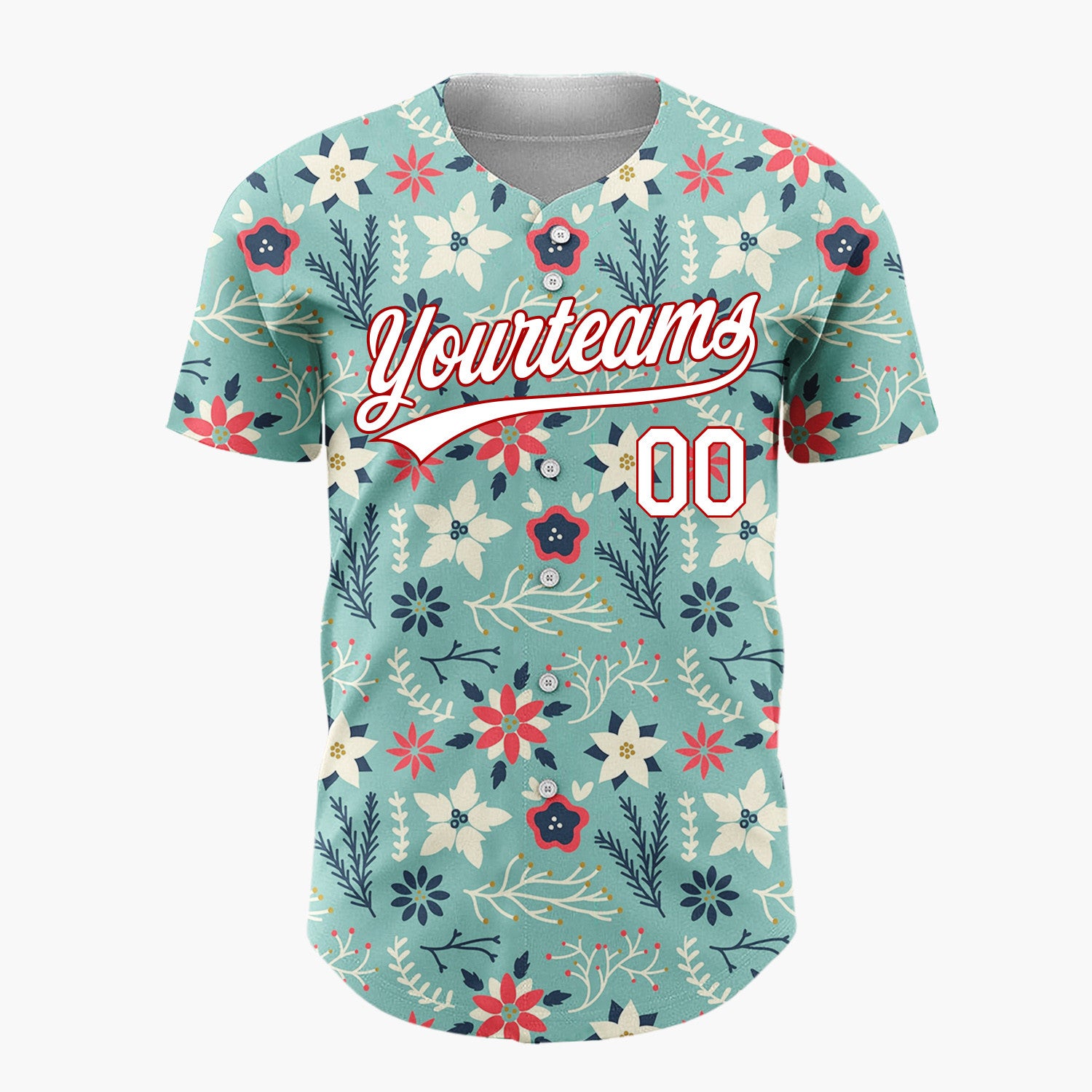Custom Teal Red Poinsettia Flowers And Leaves Scandinavian Holiday Pattern Christmas Baseball Jersey