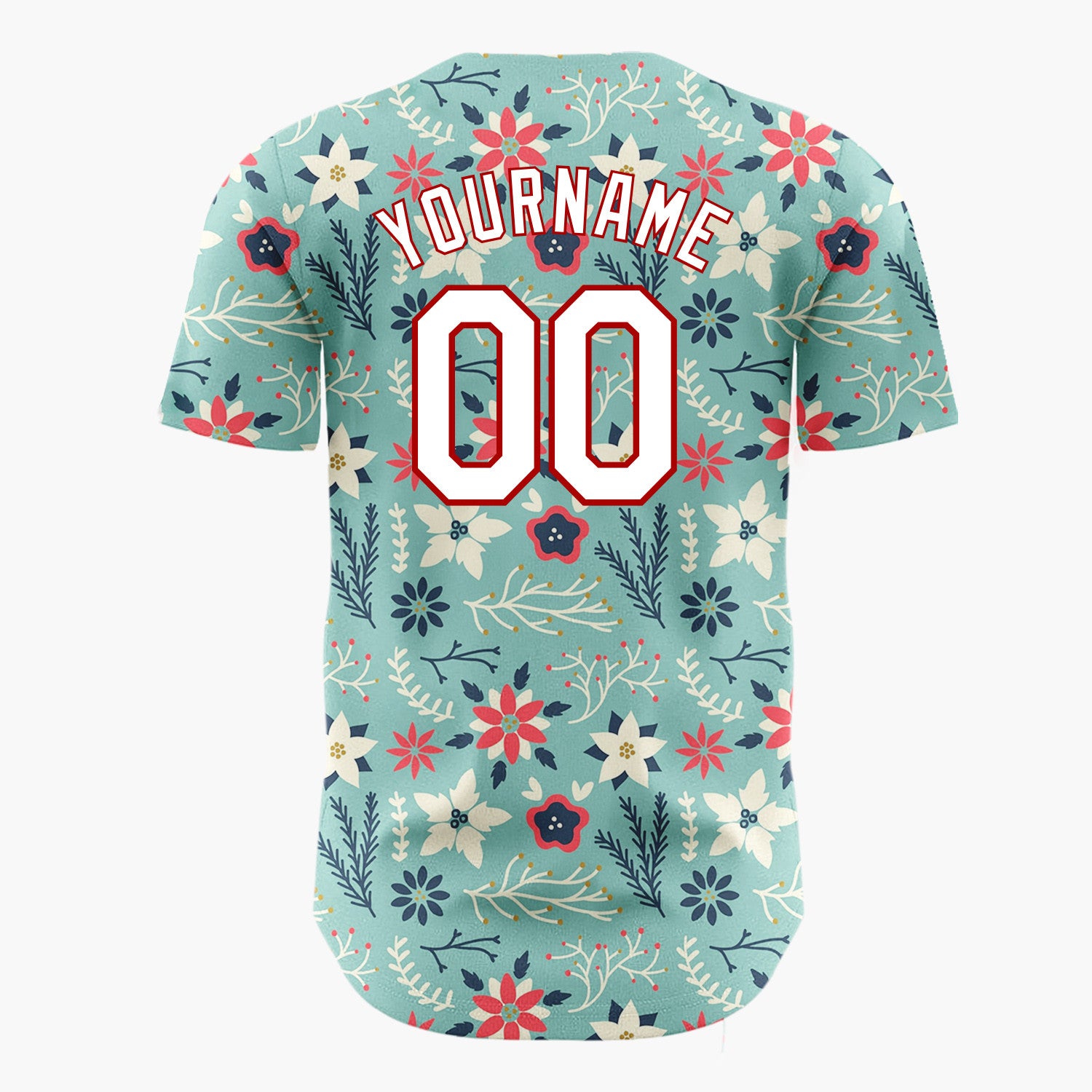 Custom Teal Red Poinsettia Flowers And Leaves Scandinavian Holiday Pattern Christmas Baseball Jersey