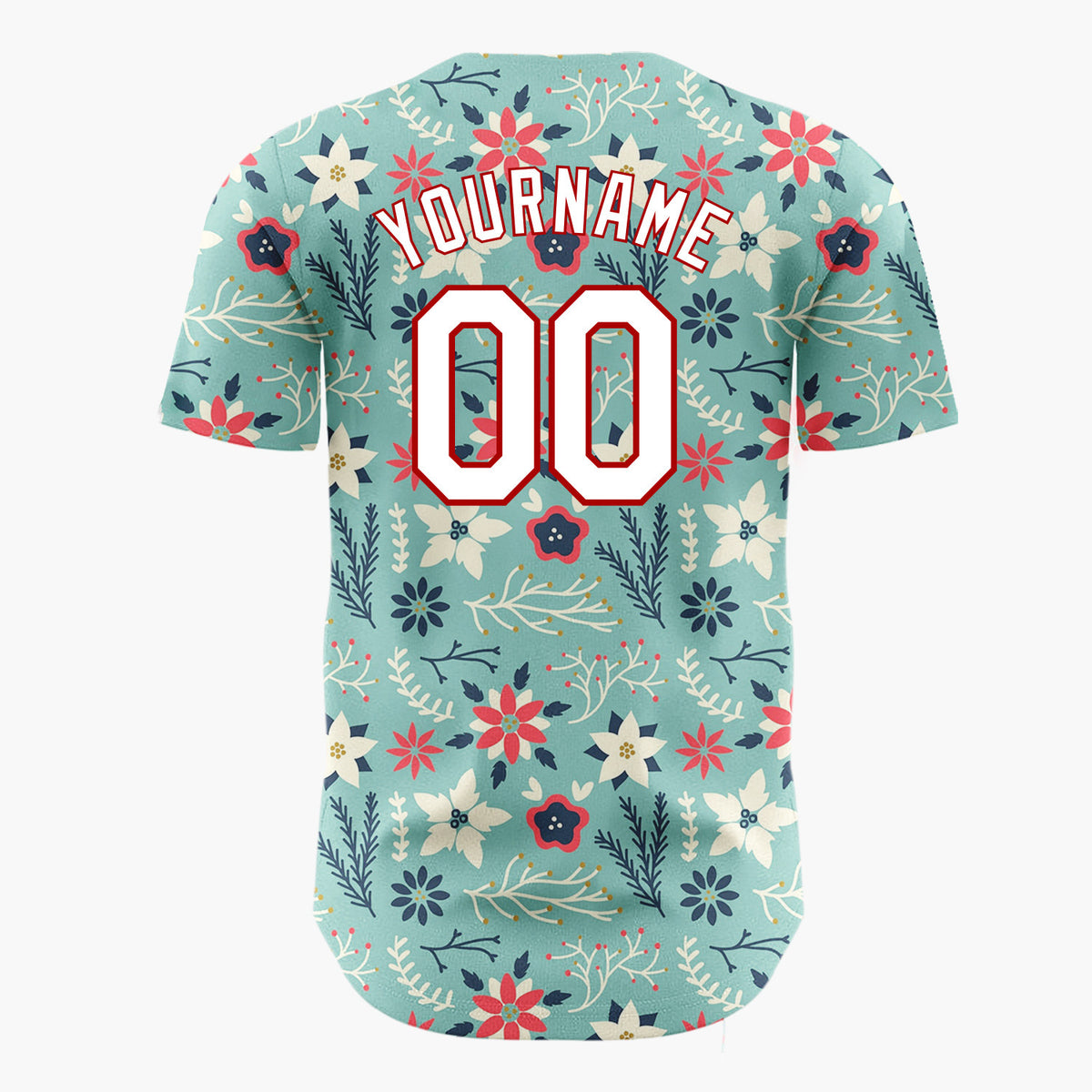 Custom Teal Red Poinsettia Flowers And Leaves Scandinavian Holiday Pattern Christmas Baseball Jersey