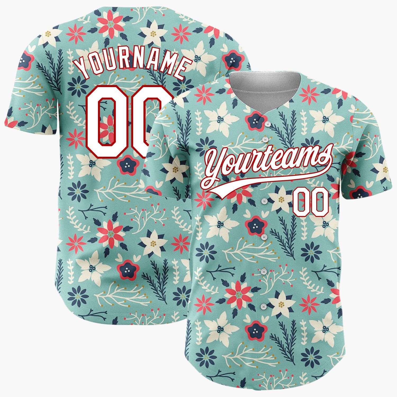 Custom Teal Red Poinsettia Flowers And Leaves Scandinavian Holiday Pattern Christmas Baseball Jersey