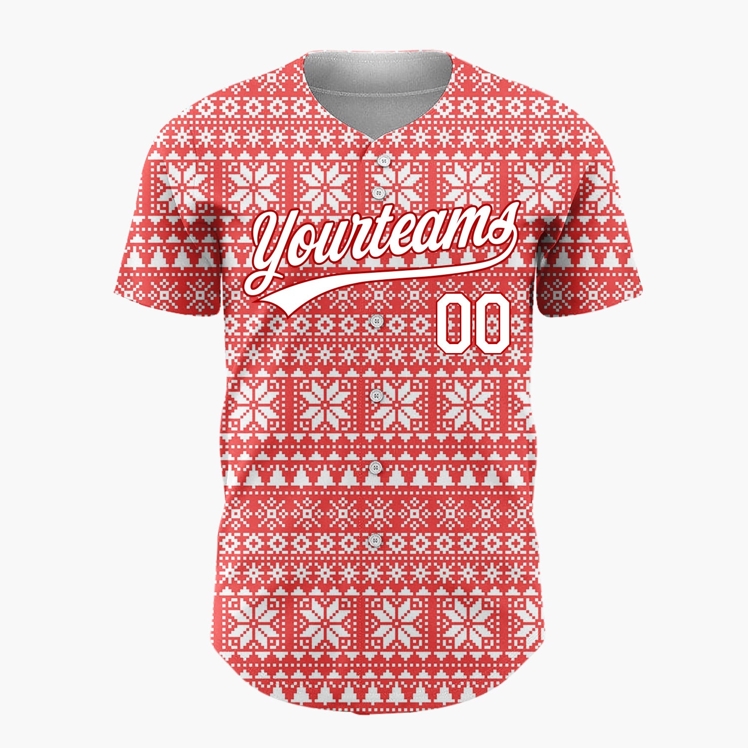 Custom Red White Trees And Snowflakes Scandinavian Knit Christmas Baseball Jersey
