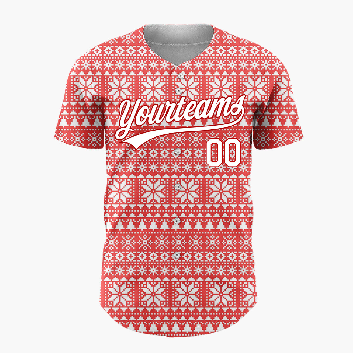Custom Red White Trees And Snowflakes Scandinavian Knit Christmas Baseball Jersey