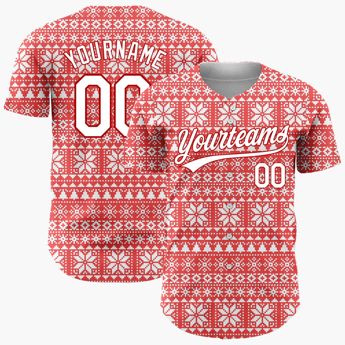 Custom Red White Trees And Snowflakes Scandinavian Knit Christmas Baseball Jersey