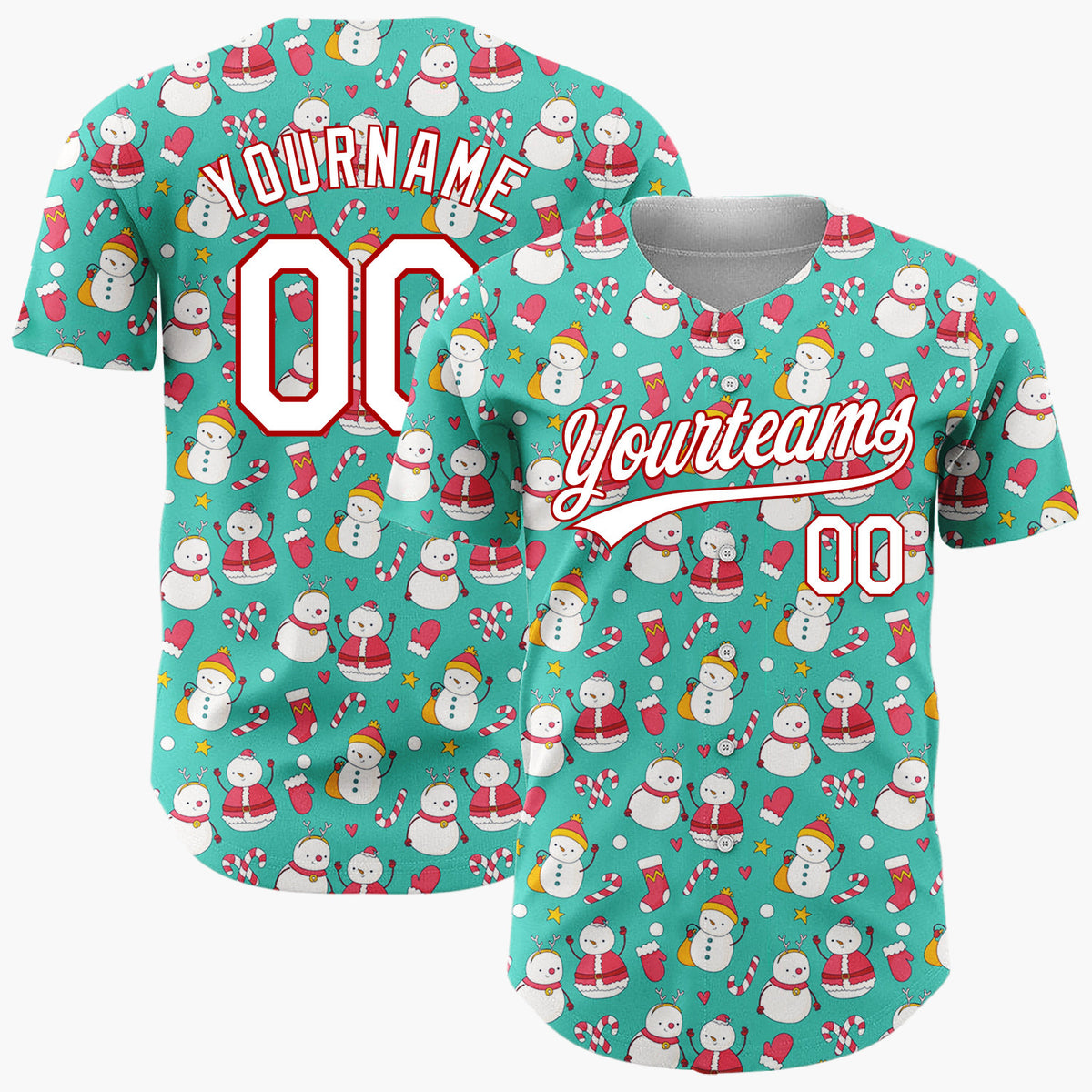 Custom Teal Snowman Christmas Fun Cartoon Pattern Christmas Baseball Jersey