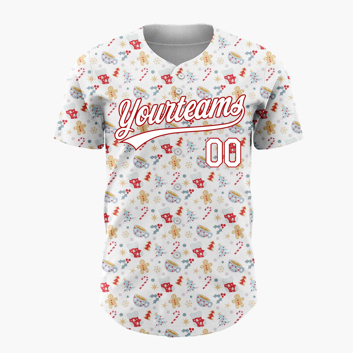 Custom White Red Gold Gingerbread Cocoa Cups And Stars Cozy Christmas Baseball Jersey