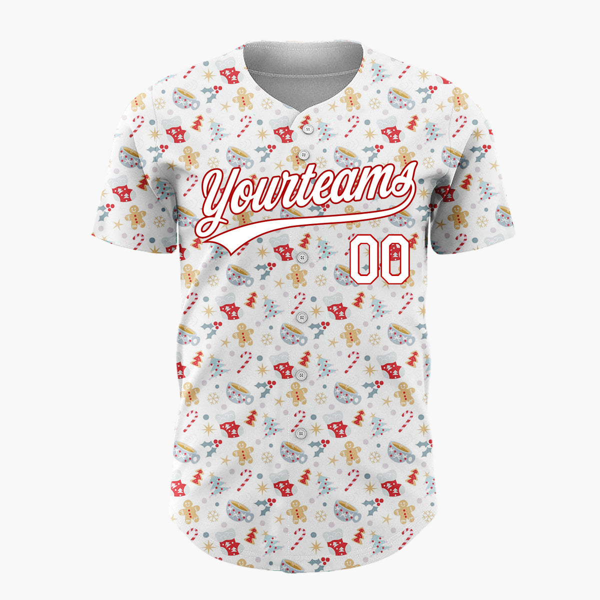 Custom White Red Gold Gingerbread Cocoa Cups And Stars Cozy Christmas Baseball Jersey