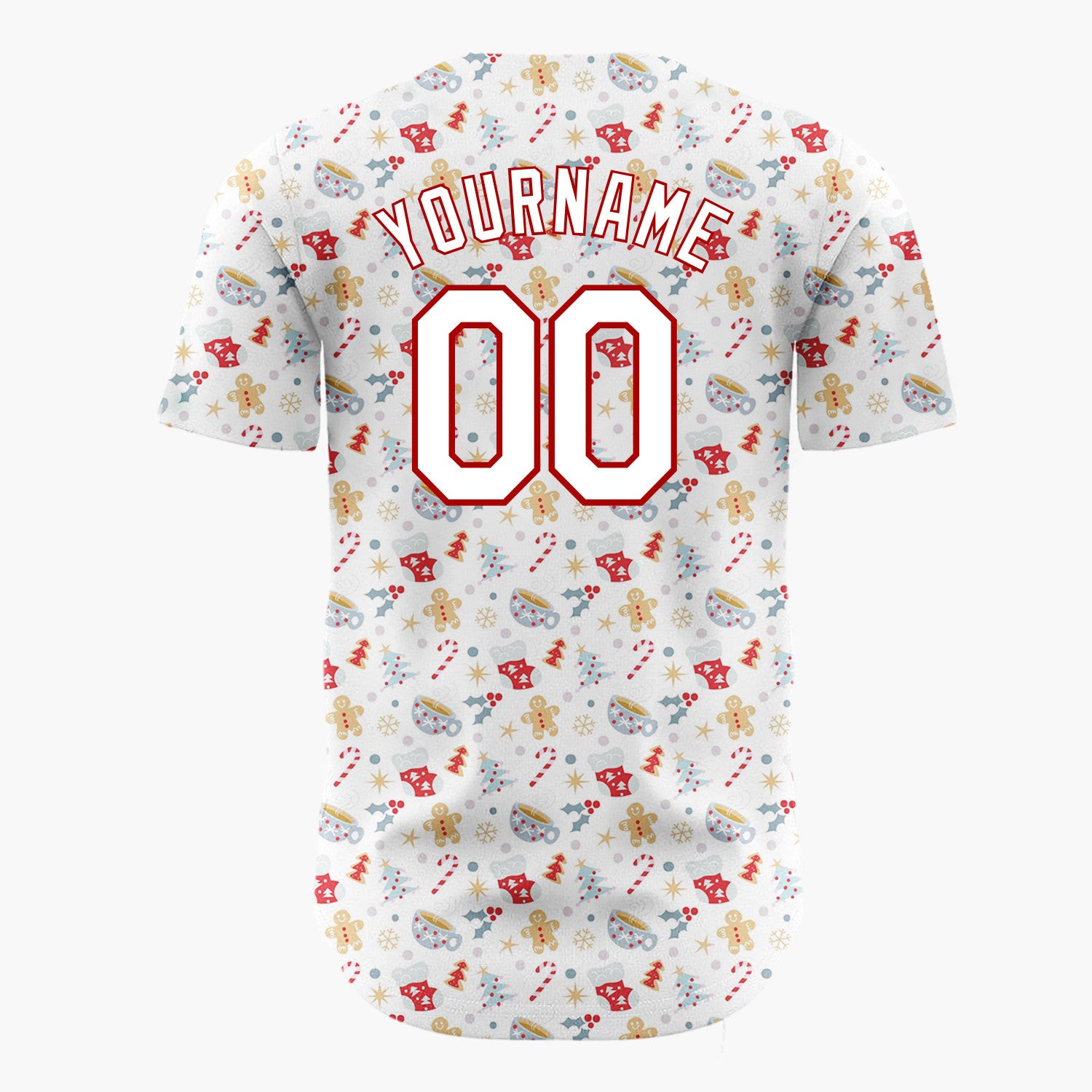 Custom White Red Gold Gingerbread Cocoa Cups And Stars Cozy Christmas Baseball Jersey