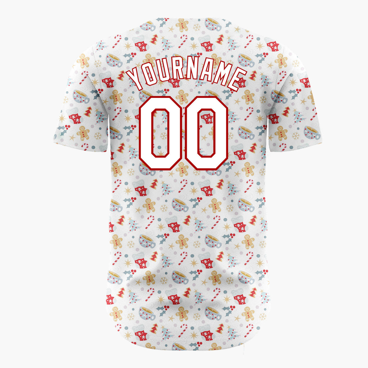 Custom White Red Gold Gingerbread Cocoa Cups And Stars Cozy Christmas Baseball Jersey
