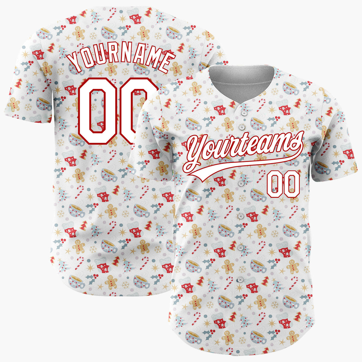 Custom White Red Gold Gingerbread Cocoa Cups And Stars Cozy Christmas Baseball Jersey