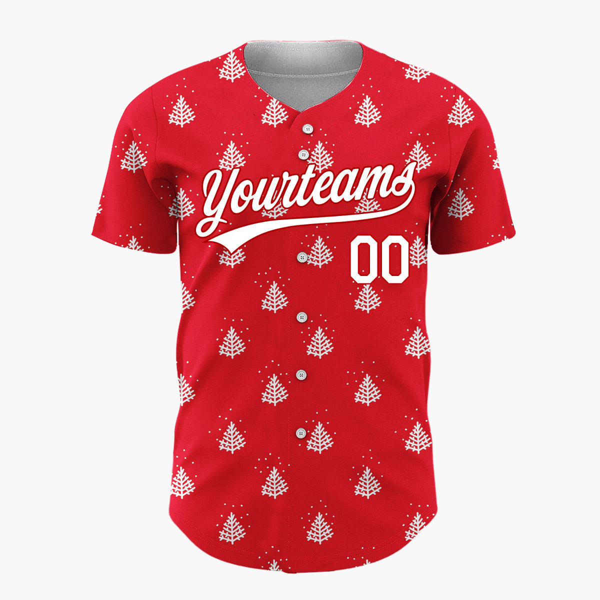 Custom Red White Stylized Pine Trees And Snow Simple Pattern Christmas Baseball Jersey