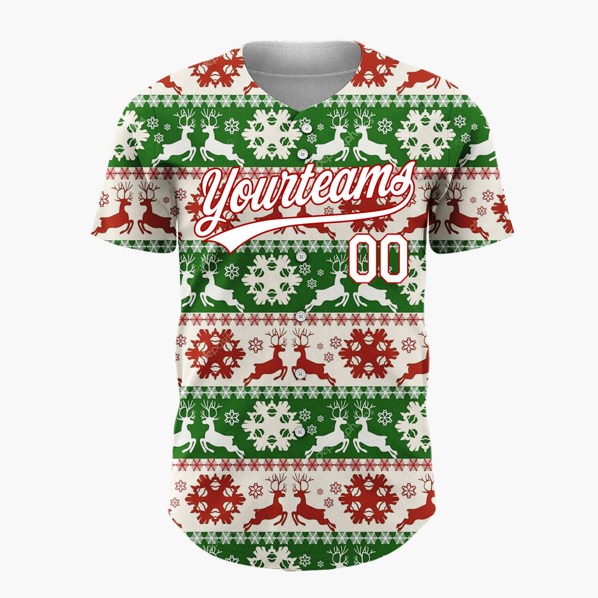 Custom White Nordic Reindeer Green Nordic Pattern Christmas Baseball Jersey