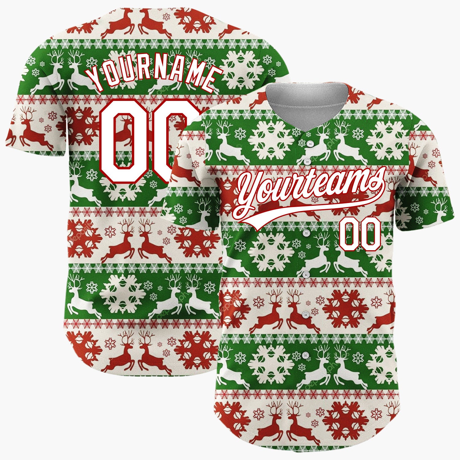 Custom White Nordic Reindeer Green Nordic Pattern Christmas Baseball Jersey