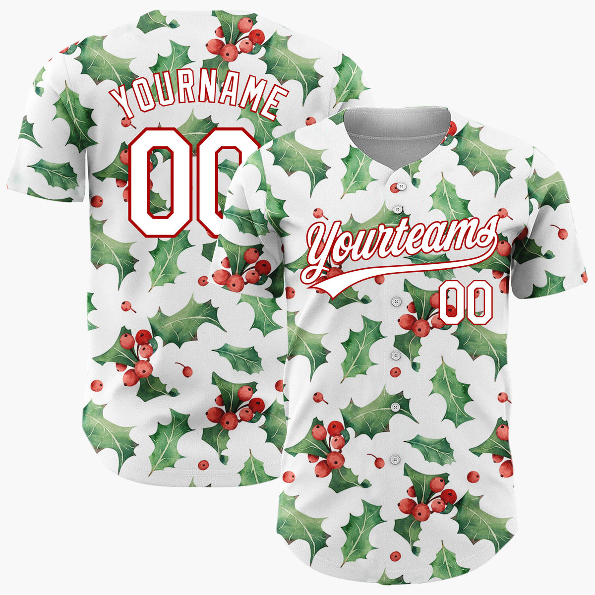 Custom White Holly Leaves And Berries Watercolor Christmas Baseball Jersey