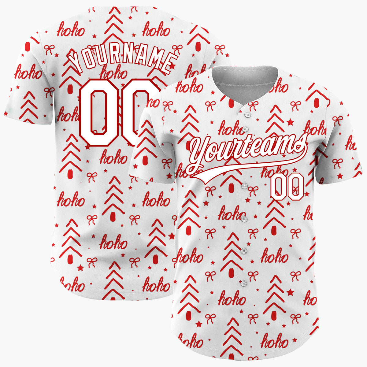 Custom White Hoho Christmas Tree And Bow Doodle Pattern Christmas Baseball Jersey