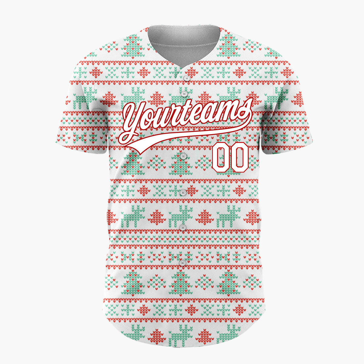 Custom White Red Mint Green Trees Reindeer And Hearts Christmas Fair Isle Knit Pattern Christmas Baseball Jersey