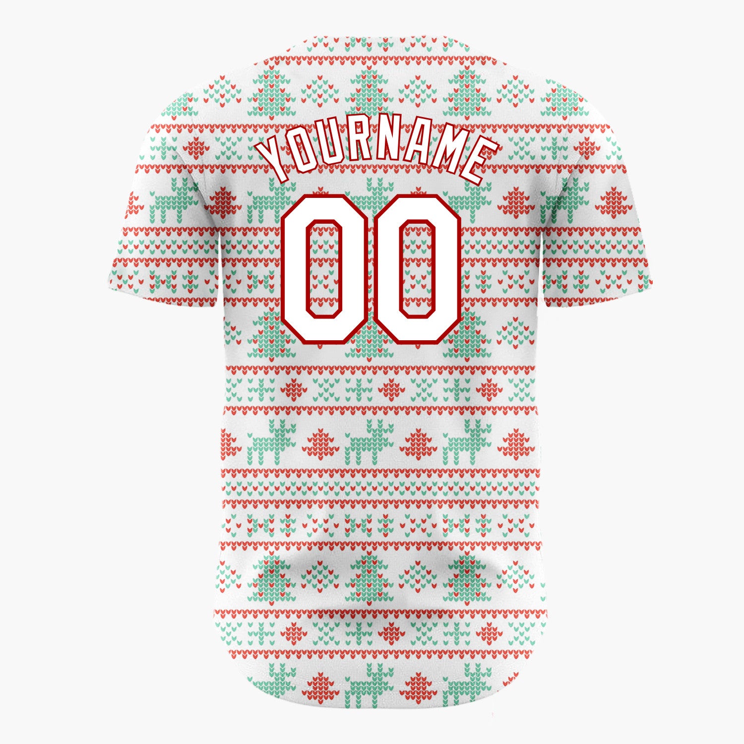 Custom White Red Mint Green Trees Reindeer And Hearts Christmas Fair Isle Knit Pattern Christmas Baseball Jersey