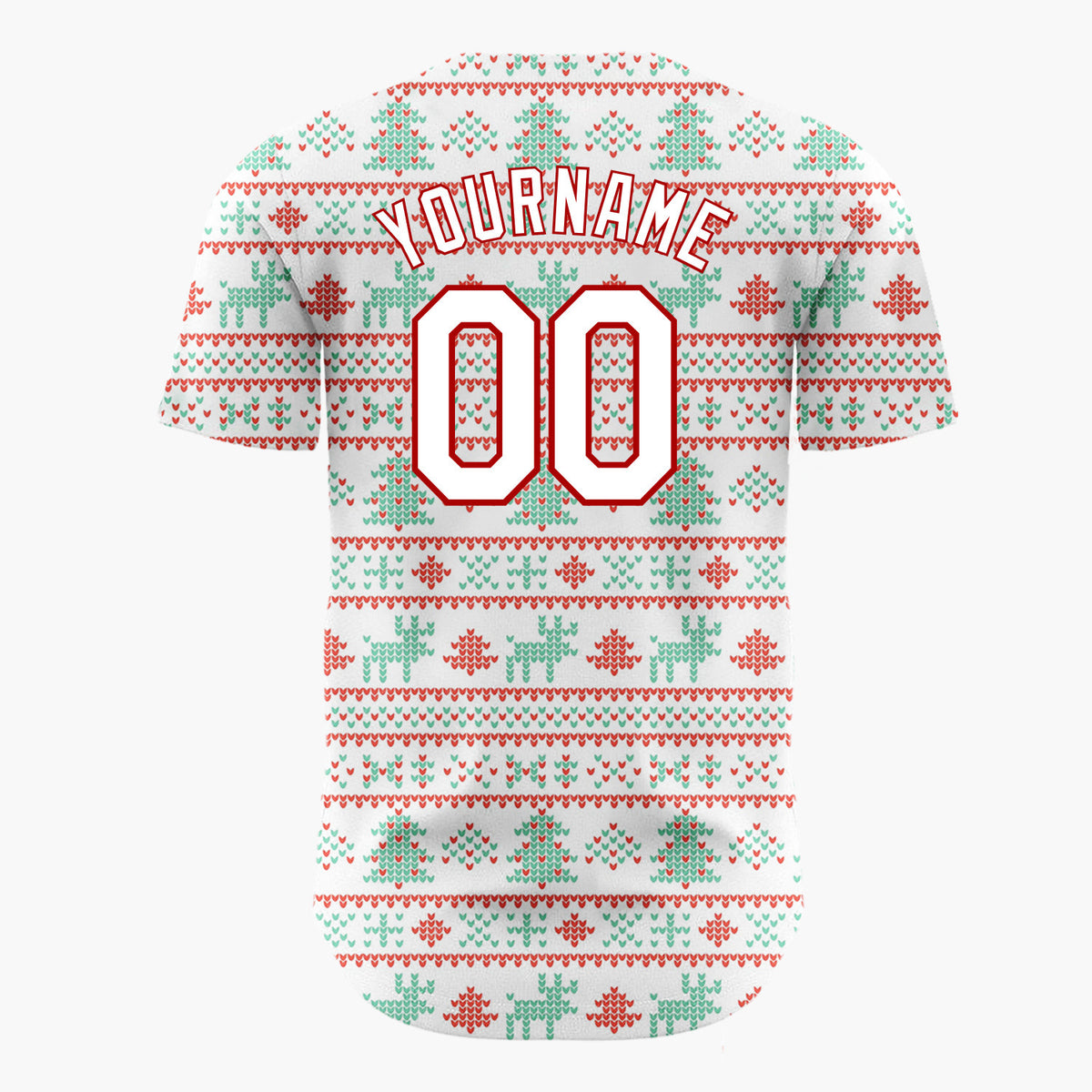 Custom White Red Mint Green Trees Reindeer And Hearts Christmas Fair Isle Knit Pattern Christmas Baseball Jersey