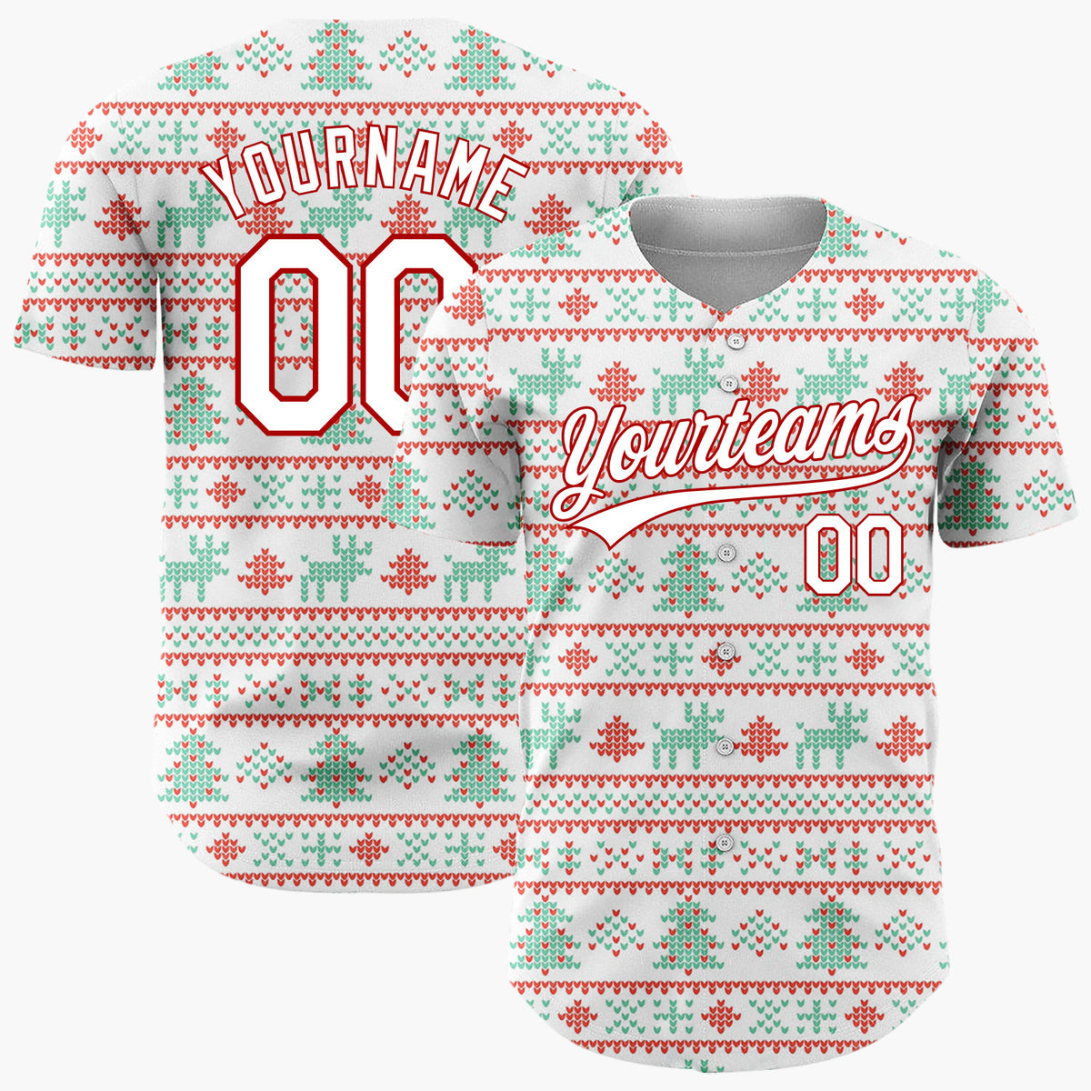 Custom White Red Mint Green Trees Reindeer And Hearts Christmas Fair Isle Knit Pattern Christmas Baseball Jersey