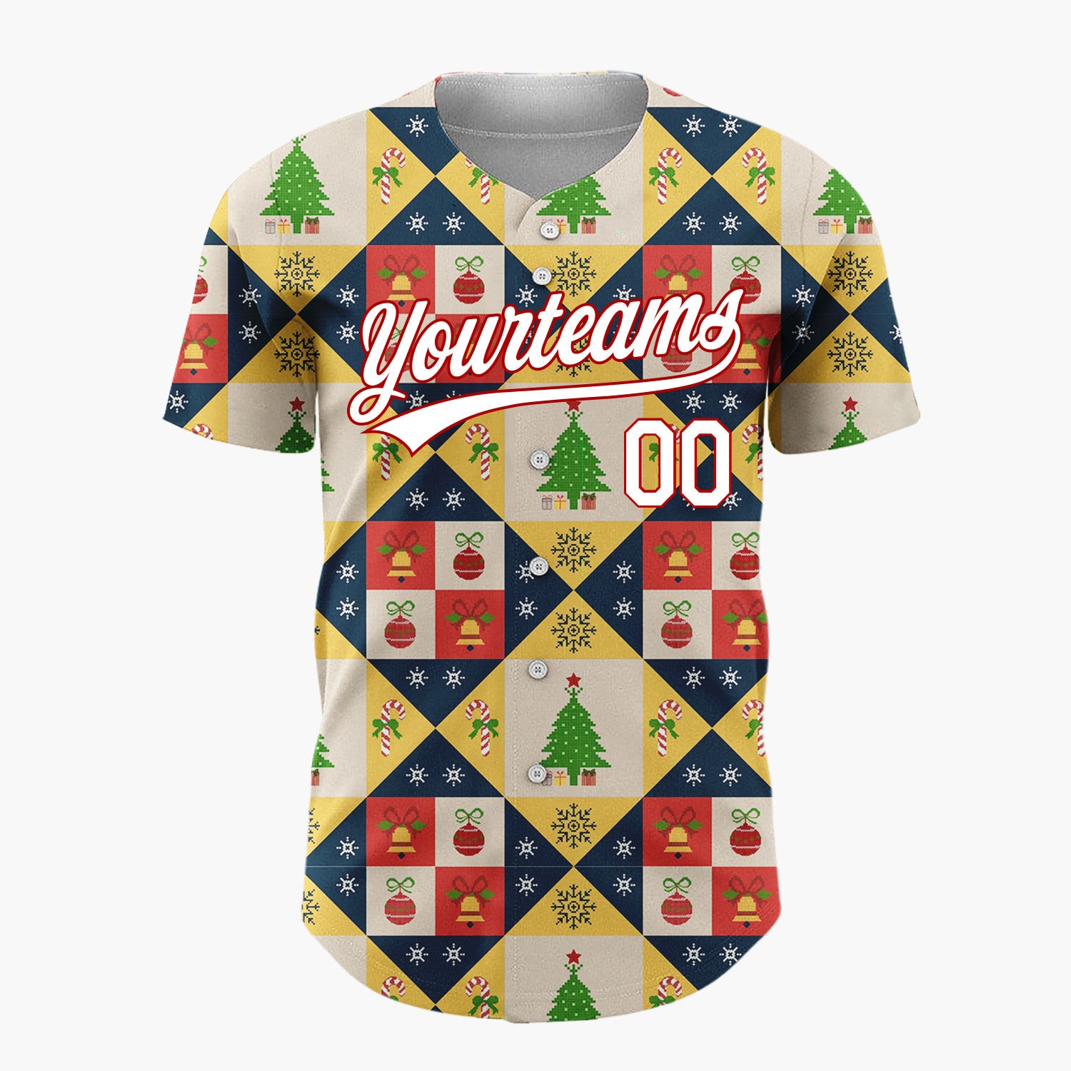 Custom Yellow Quilt Blocks Christmas Icons Geometric Folk Pattern Christmas Baseball Jersey