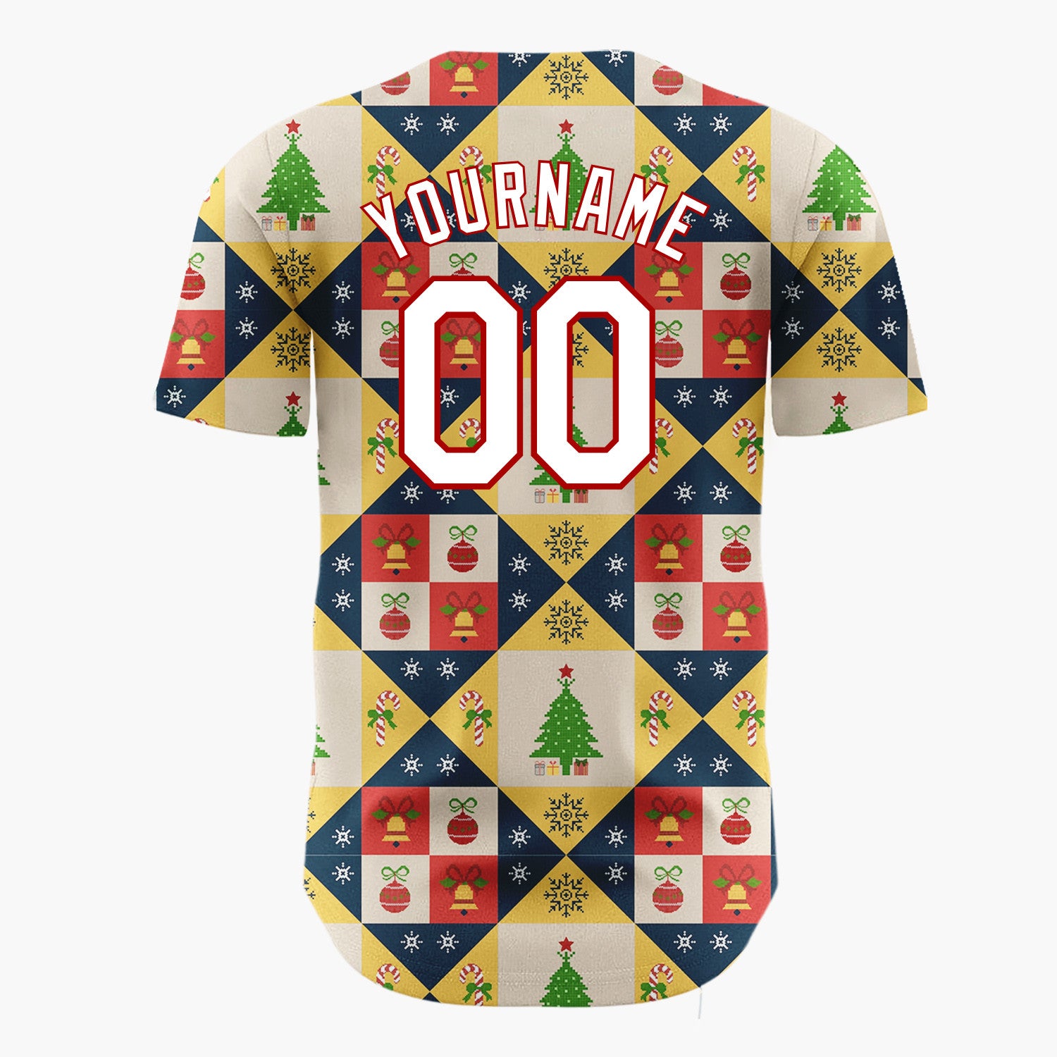Custom Yellow Quilt Blocks Christmas Icons Geometric Folk Pattern Christmas Baseball Jersey