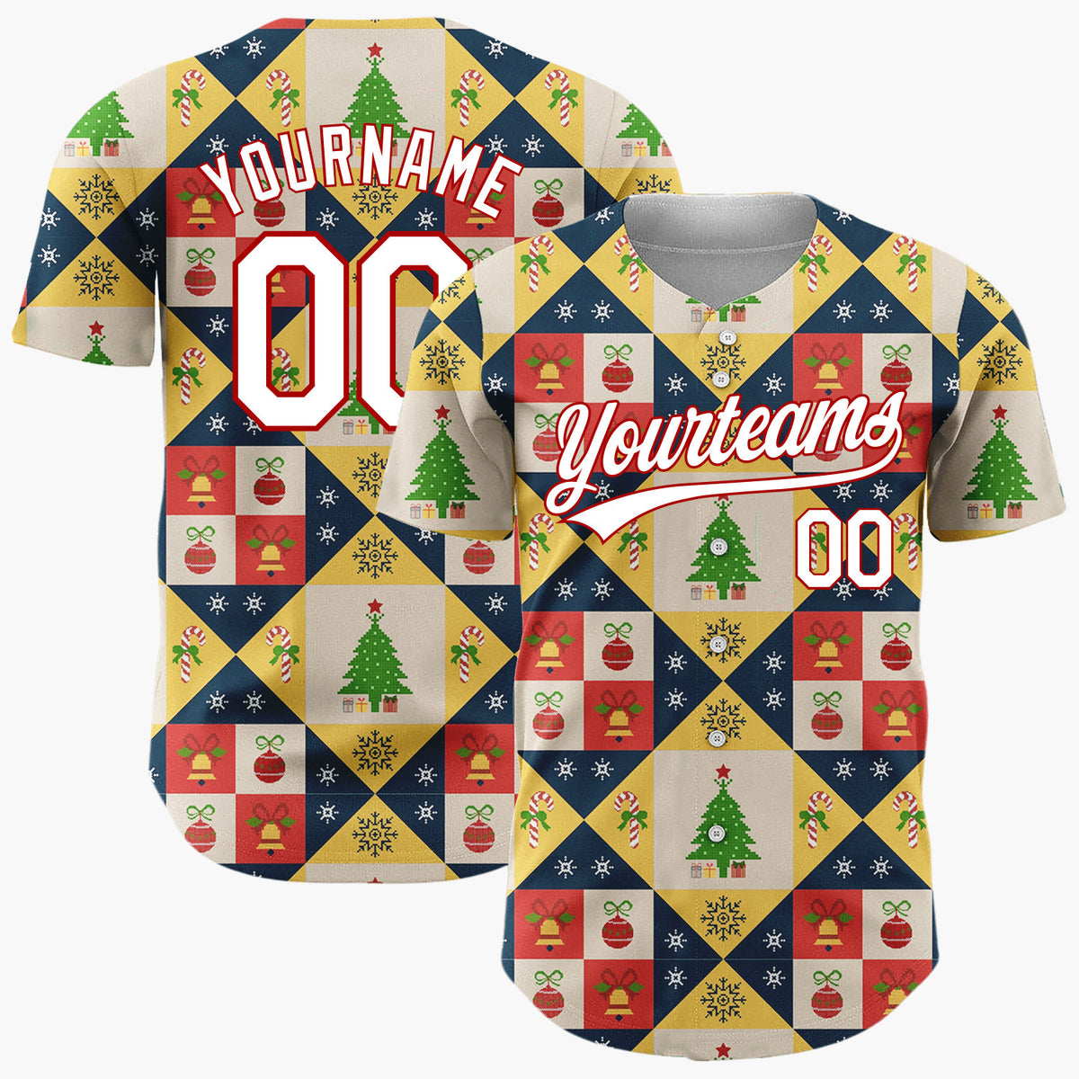 Custom Yellow Quilt Blocks Christmas Icons Geometric Folk Pattern Christmas Baseball Jersey