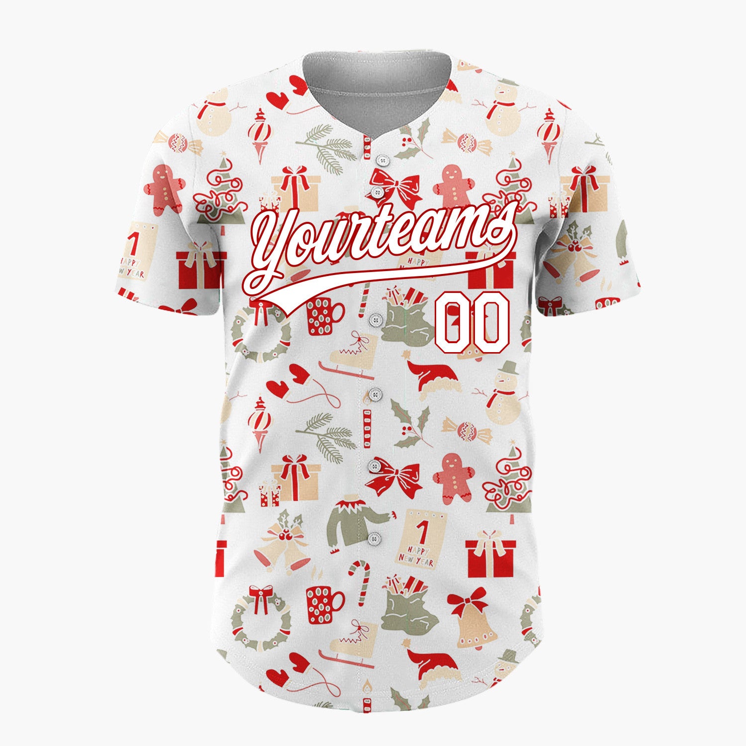 Custom White Scattered Red Olive Holiday Icons Whimsical Christmas Baseball Jersey
