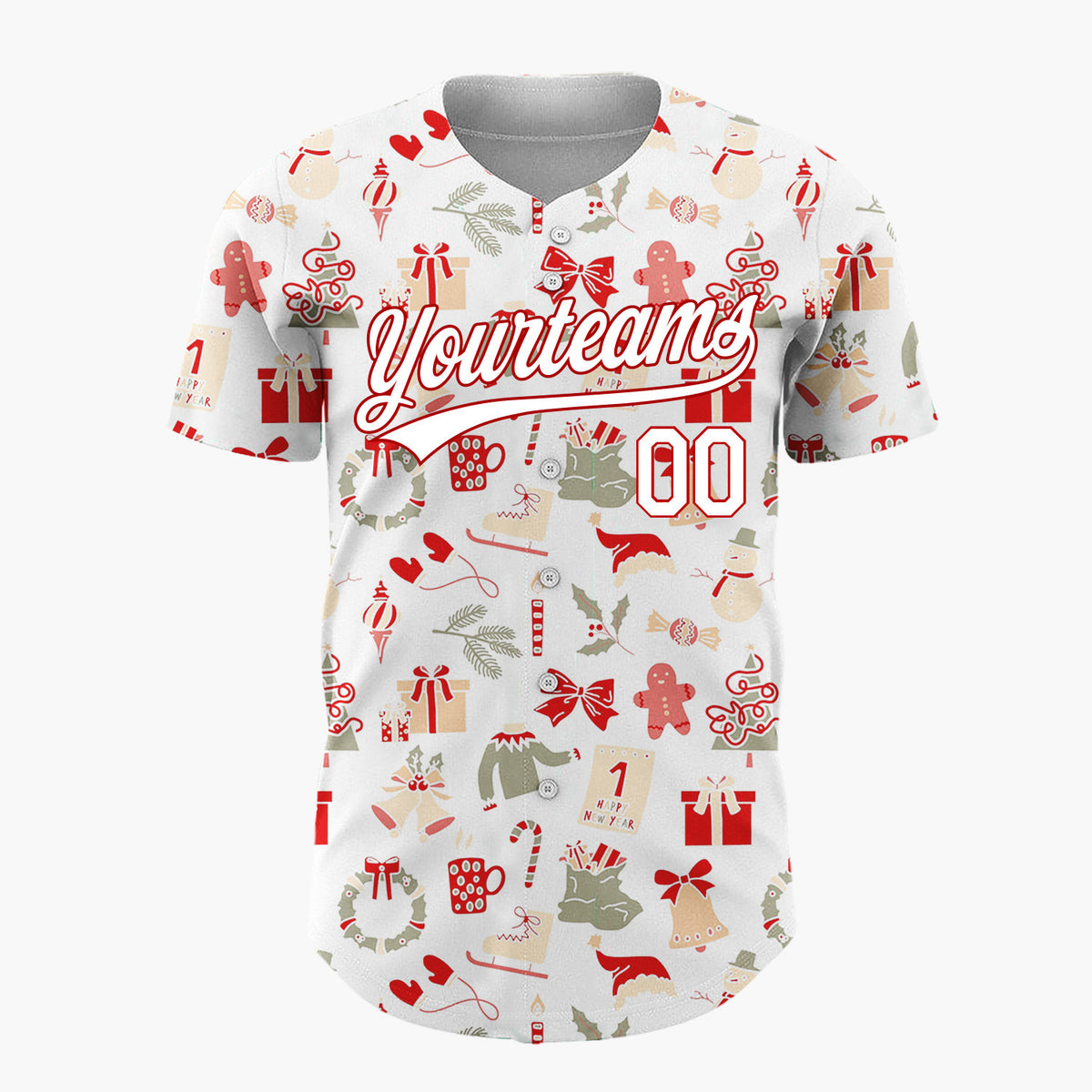 Custom White Scattered Red Olive Holiday Icons Whimsical Christmas Baseball Jersey