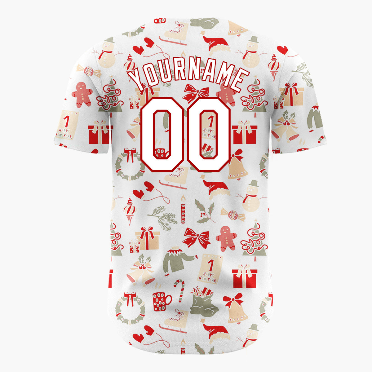 Custom White Scattered Red Olive Holiday Icons Whimsical Christmas Baseball Jersey