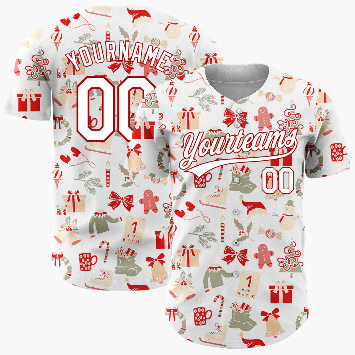 Custom White Scattered Red Olive Holiday Icons Whimsical Christmas Baseball Jersey
