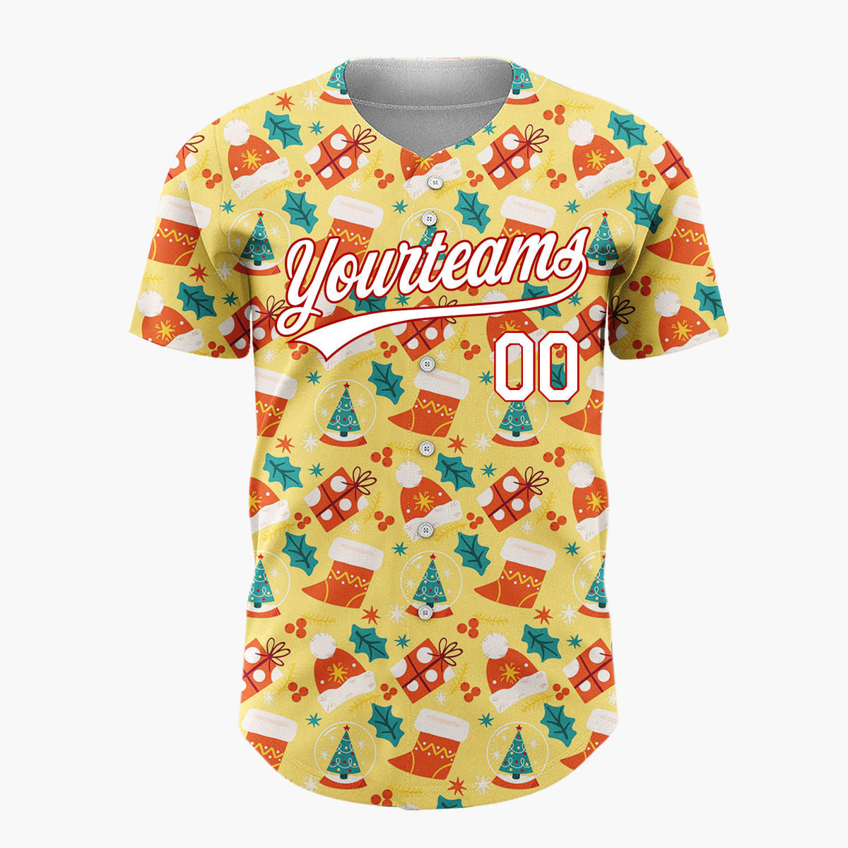 Custom Yellow Red Hats Stockings And Gifts Cheerful Christmas Baseball Jersey