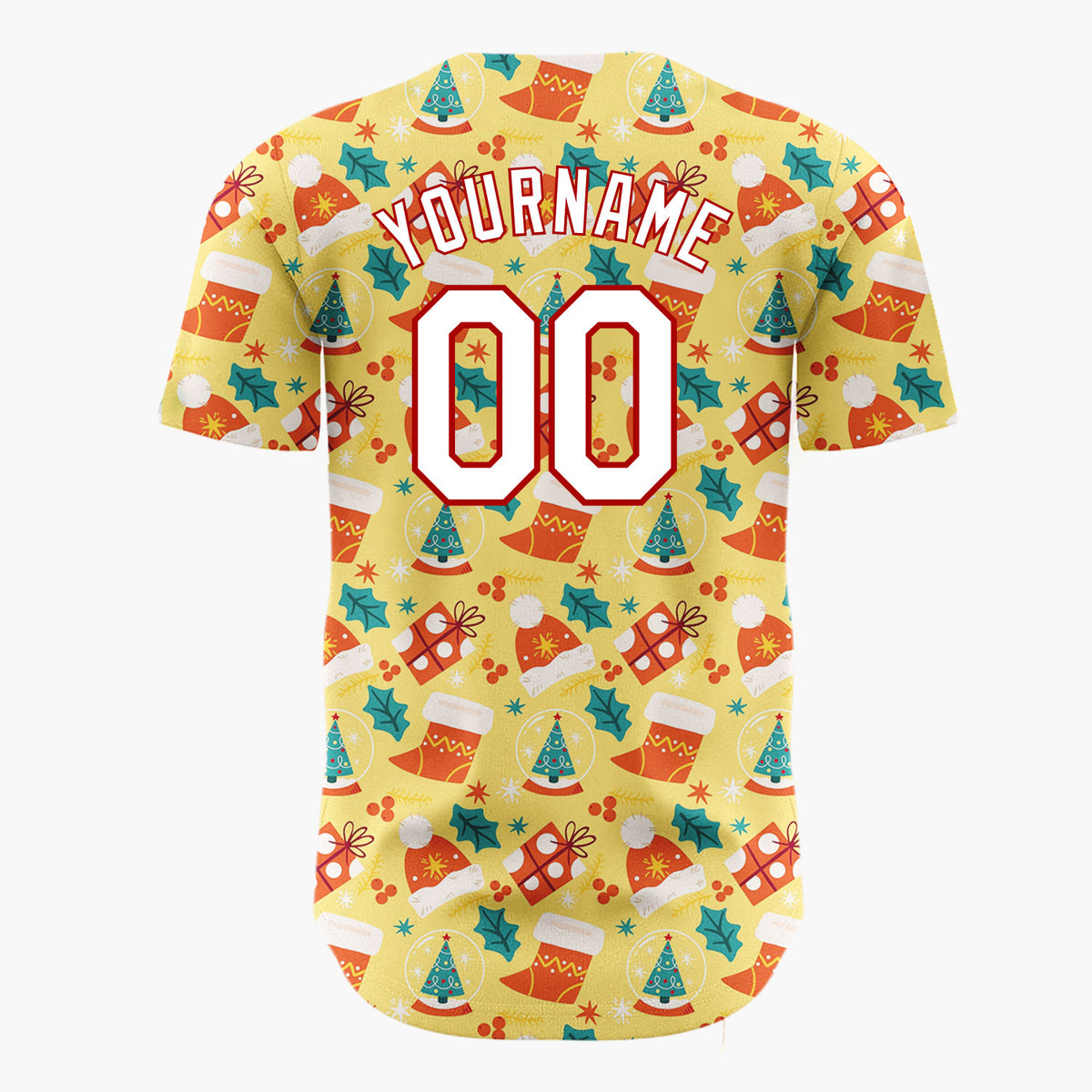 Custom Yellow Red Hats Stockings And Gifts Cheerful Christmas Baseball Jersey