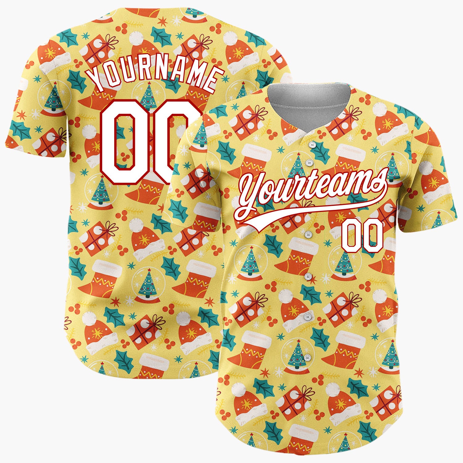 Custom Yellow Red Hats Stockings And Gifts Cheerful Christmas Baseball Jersey