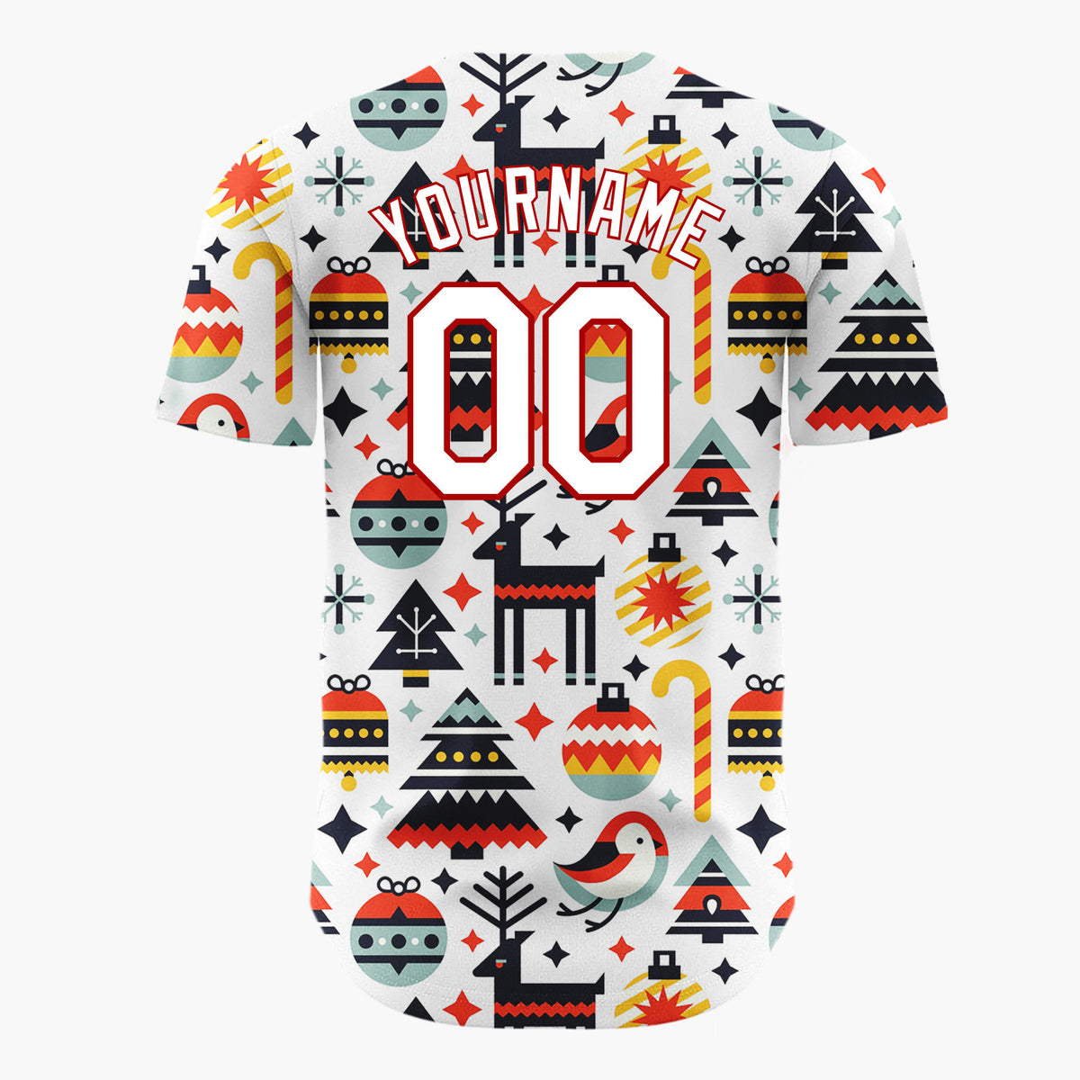 Custom White Reindeer Bird And Baubles Geometric Christmas Baseball Jersey