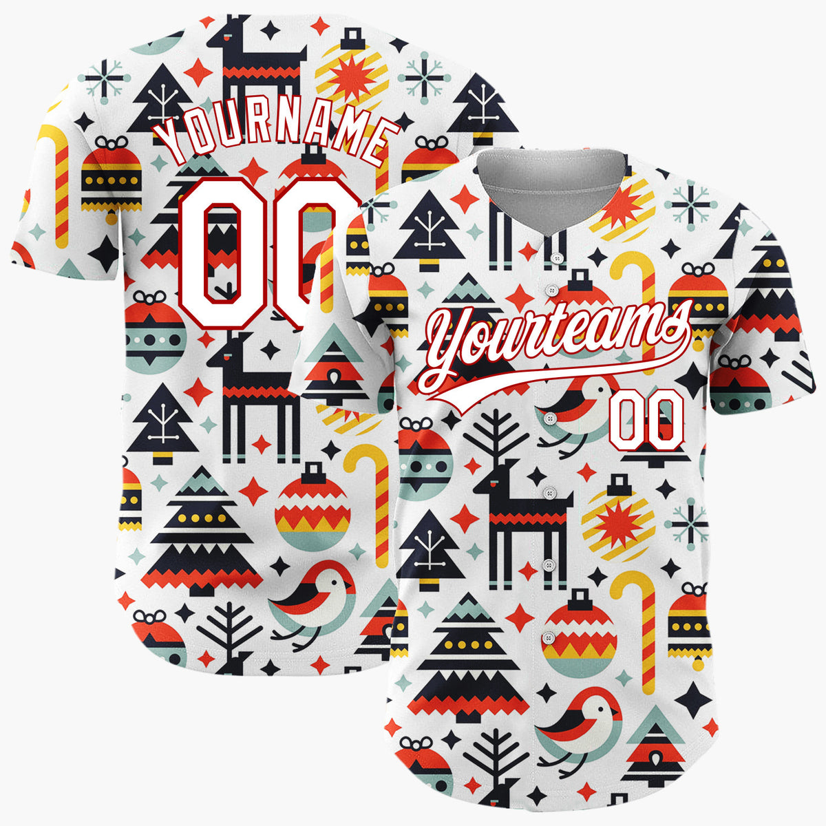 Custom White Reindeer Bird And Baubles Geometric Christmas Baseball Jersey