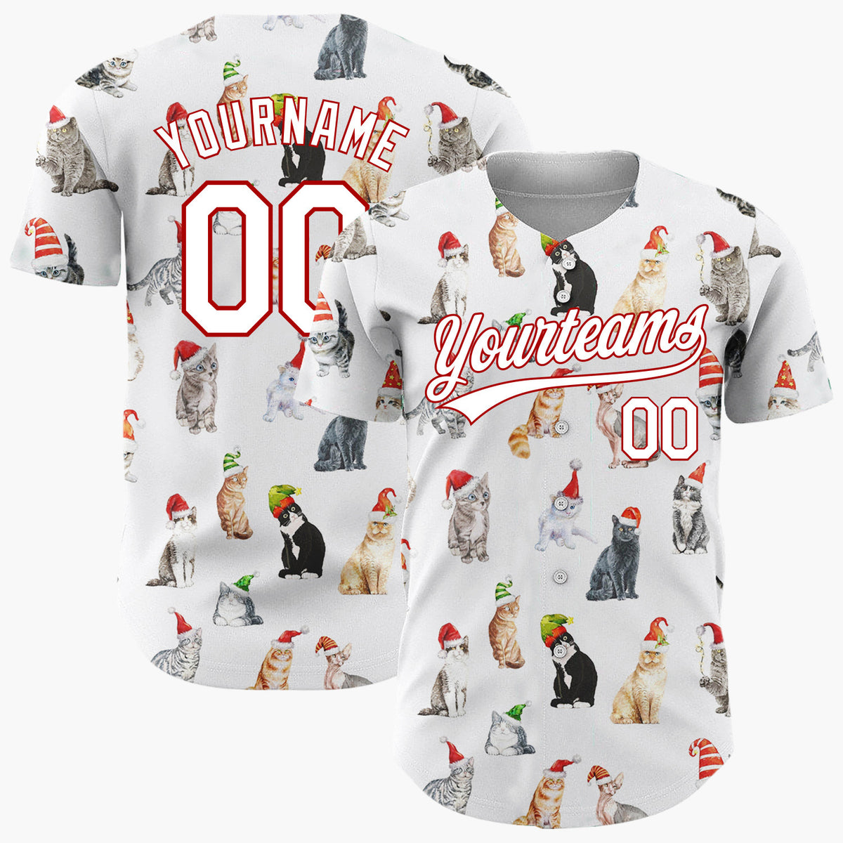 Custom White Watercolor Cats In Santa Hats Whimsical Christmas Baseball Jersey