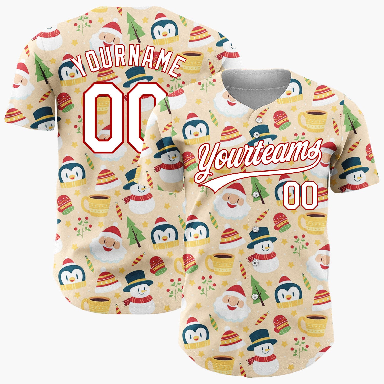 Custom Yellow Snowman Penguin Cozy Winter Cartoon Pattern Christmas Baseball Jersey