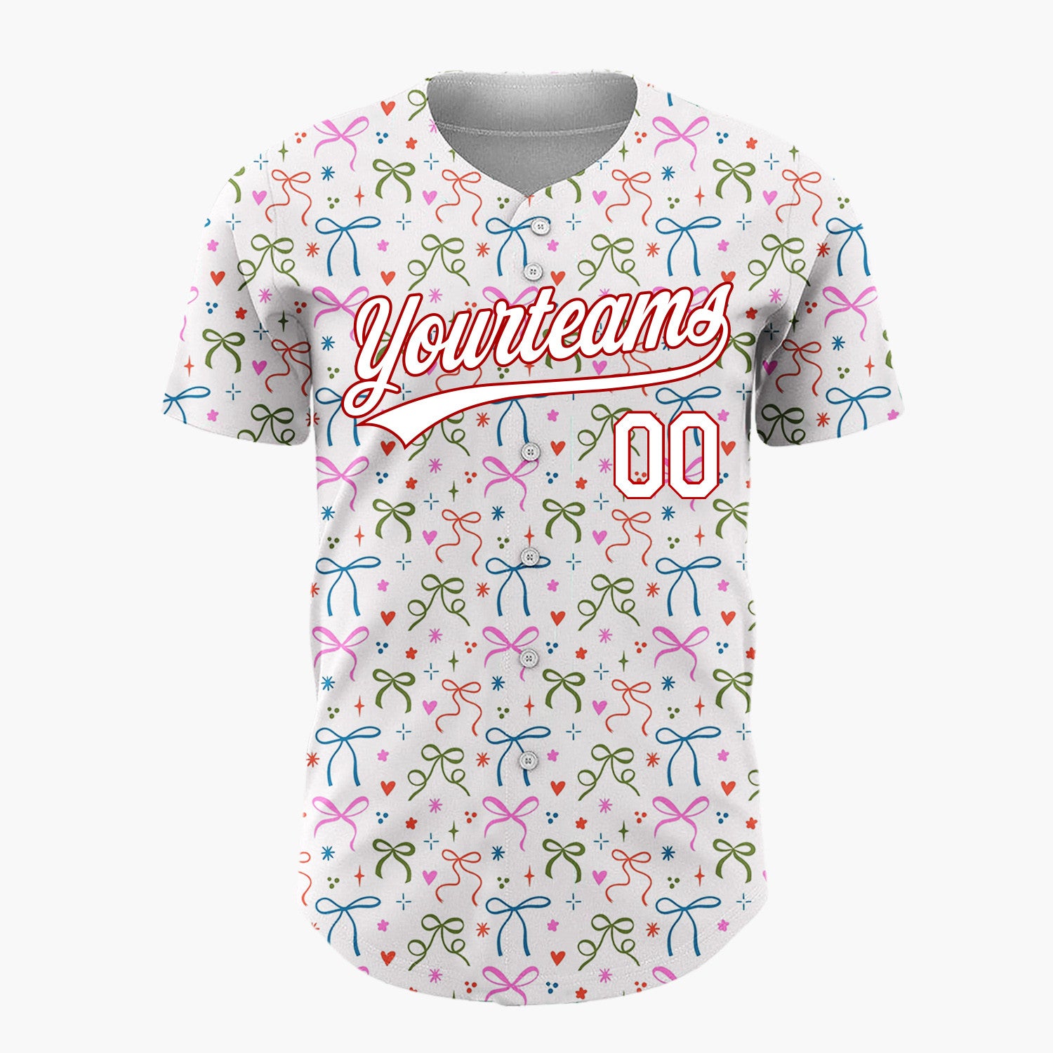 Custom White Scattered Colorful Bows Hearts Whimsical Christmas Baseball Jersey