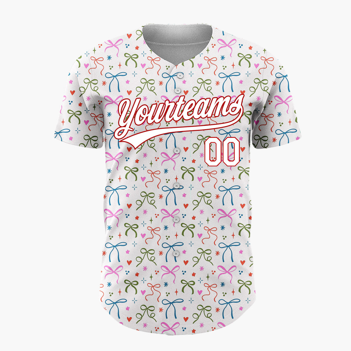Custom White Scattered Colorful Bows Hearts Whimsical Christmas Baseball Jersey